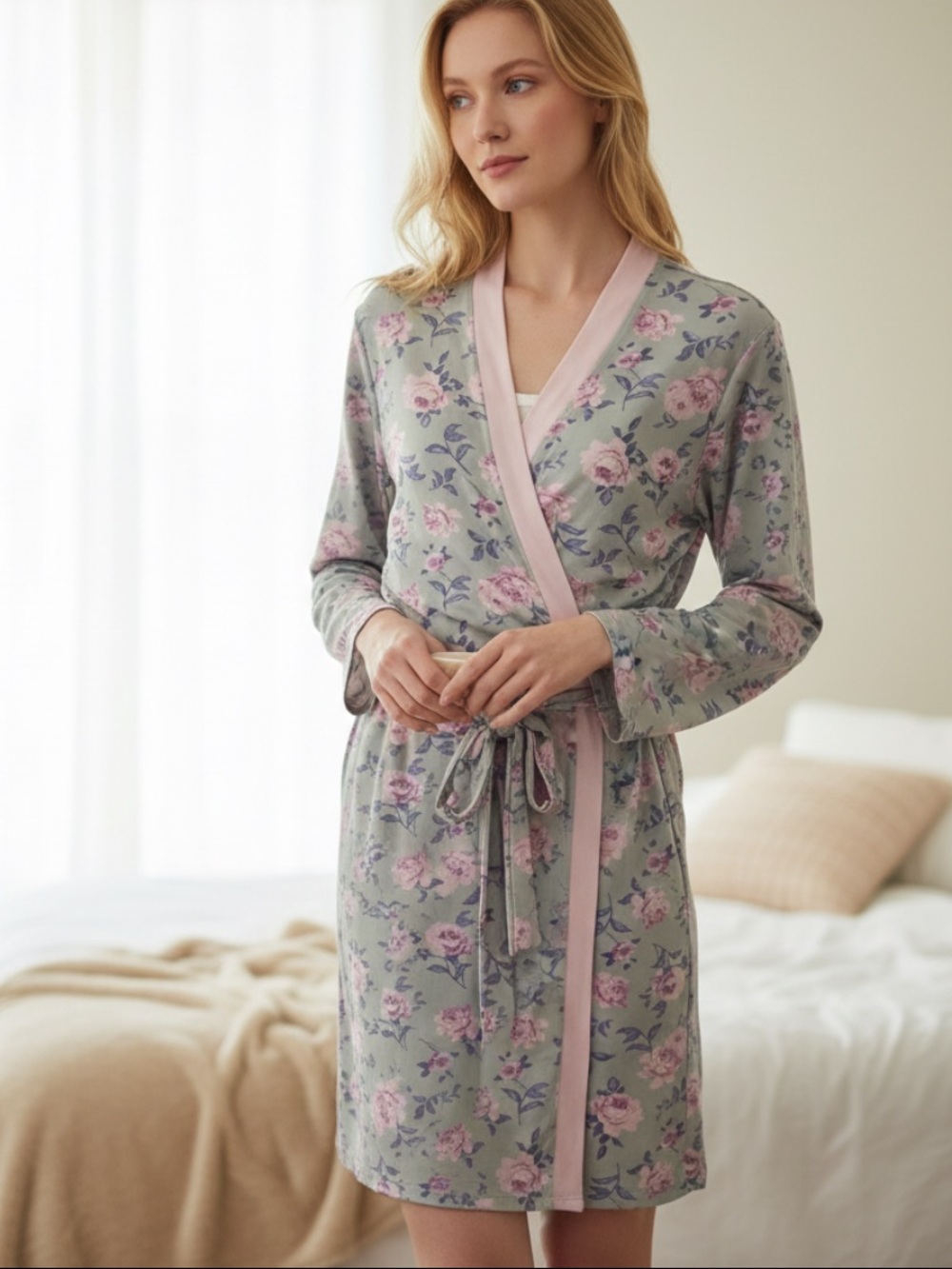 Berkeley Jensen Floral Wrap Robe with Pink Trim - Women's Robe
